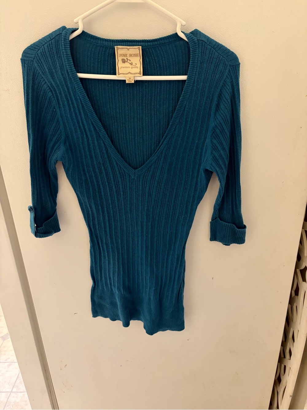 Pink Rose Teal Ribbed V-Neck Women's Top